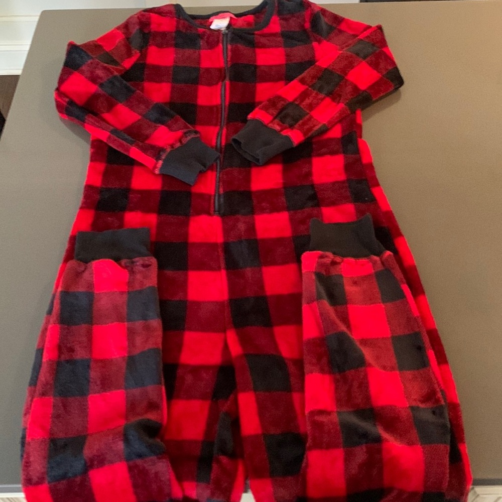 Women’s red and black buffalo plaid fleece pajama onsie
